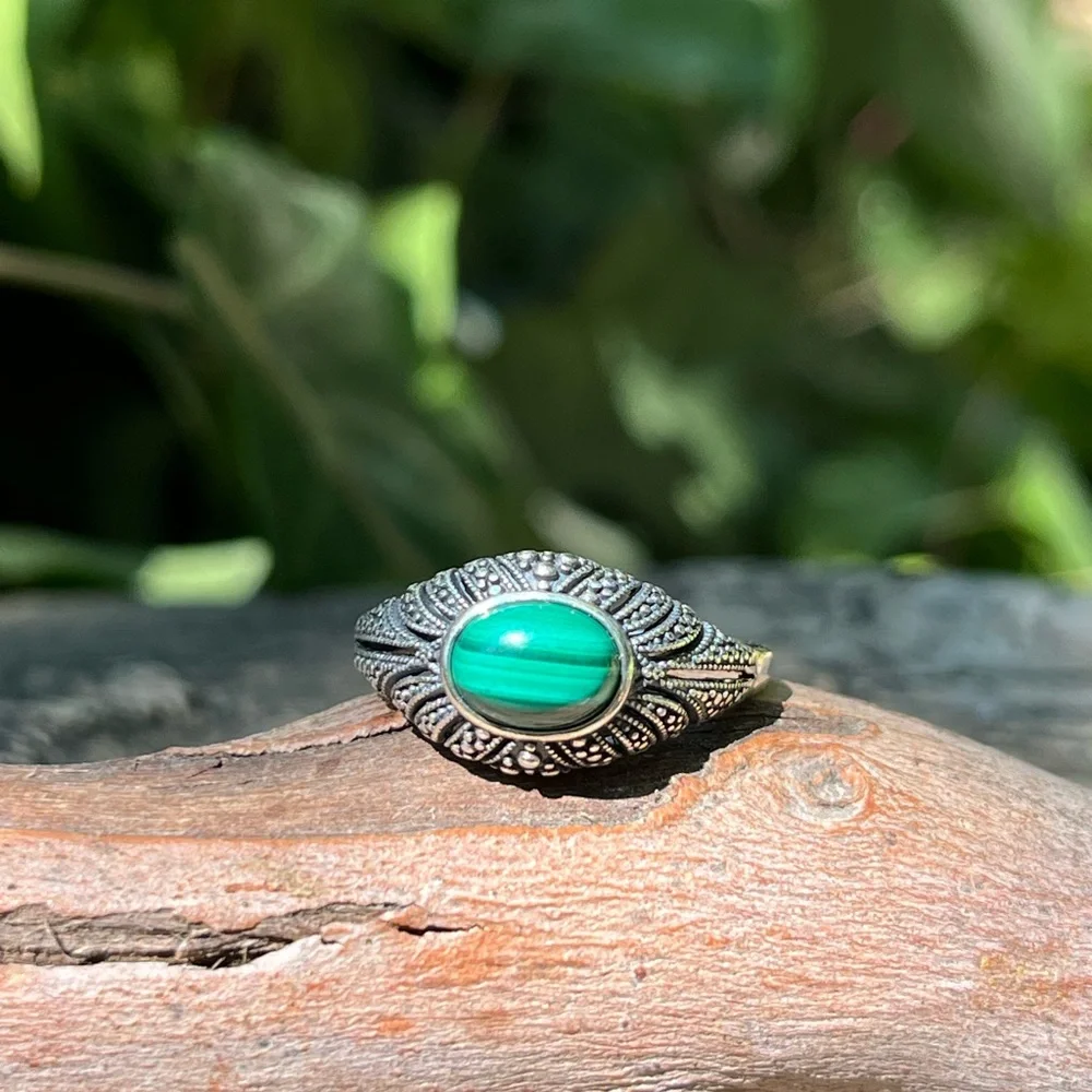 Sterling silver adjustable natural malachite ring‎